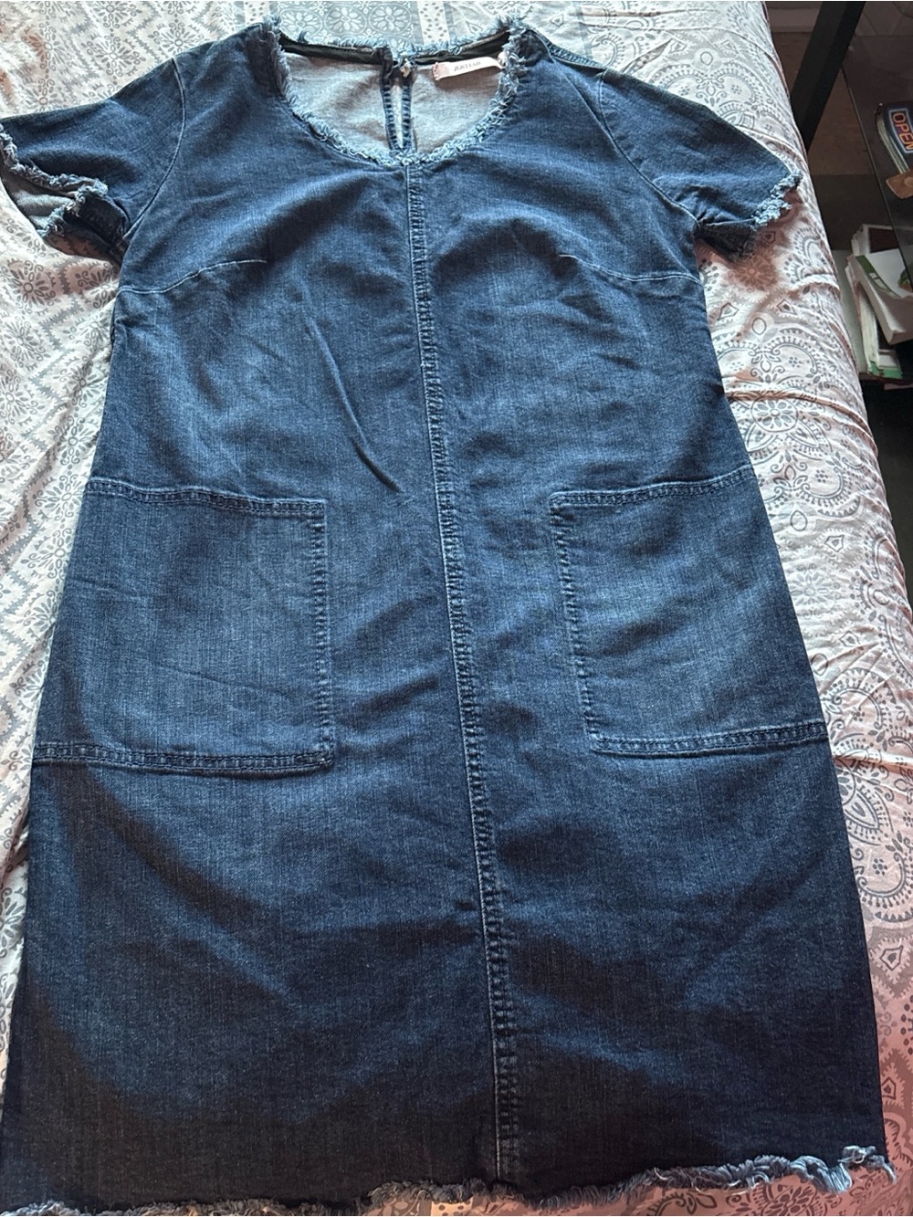 JustFab Dark Blue Denim Shift Dress with Patch Pockets